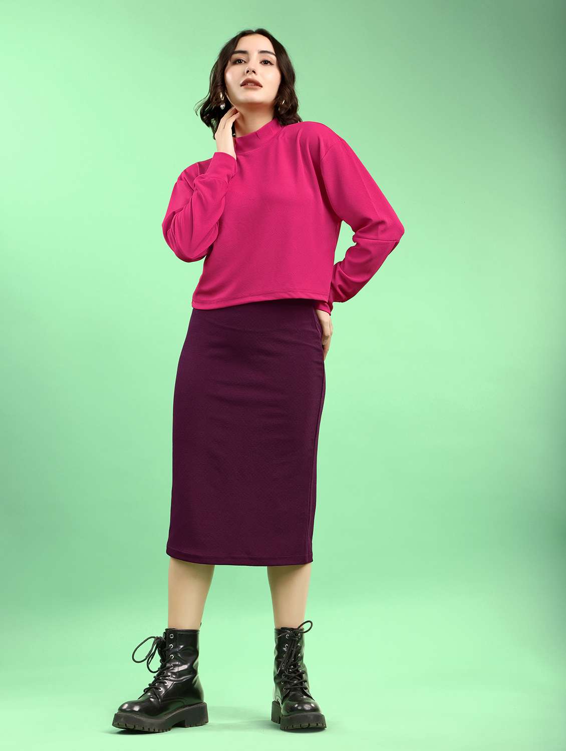 pink lycra blend top and skirt set coord - 22553730 -  Standard Image - 3