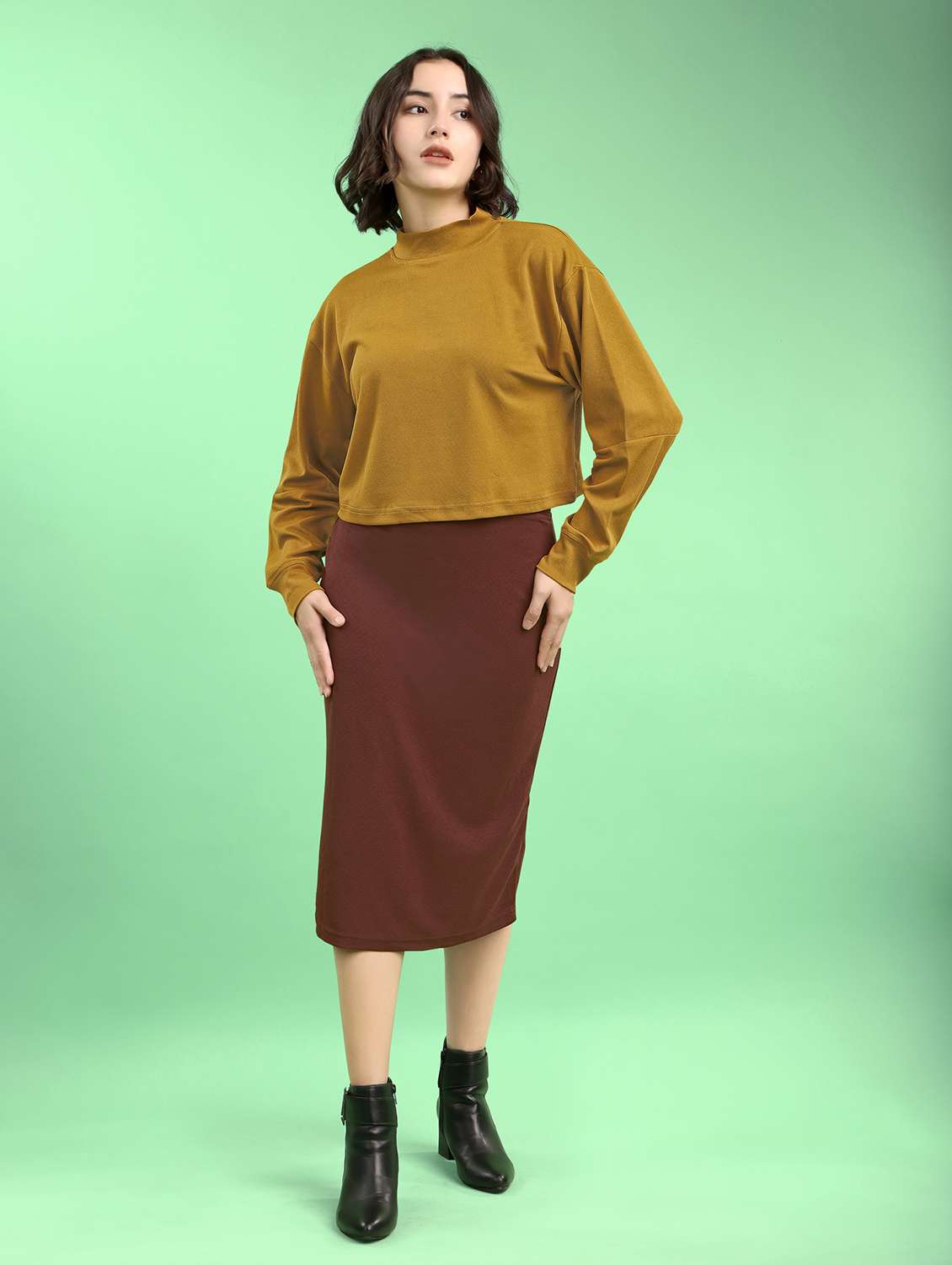 gold lycra blend top and skirt set coord