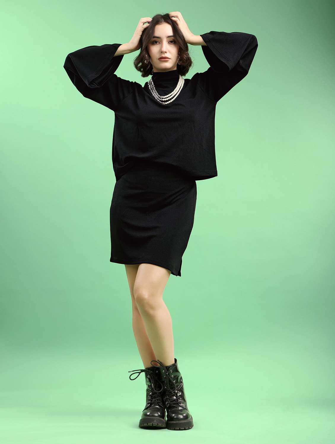black lycra blend top and skirt set coord