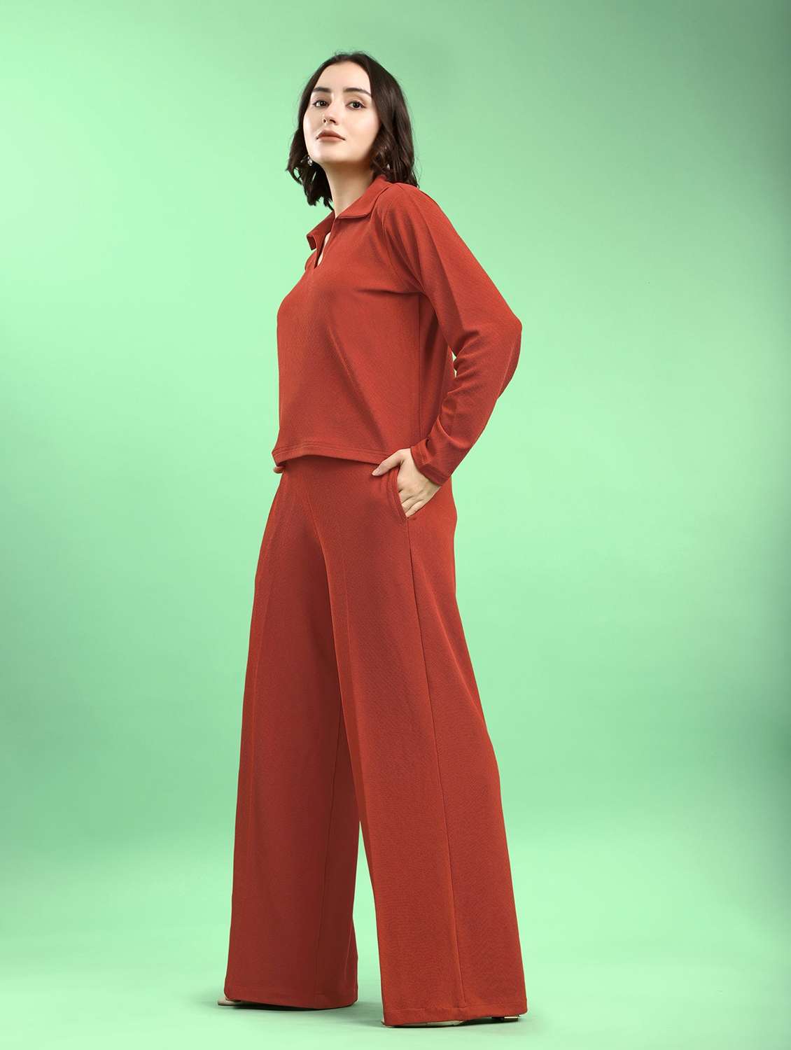 women solid long sleeves t-shirt and trouser set - 22553739 -  Standard Image - 3