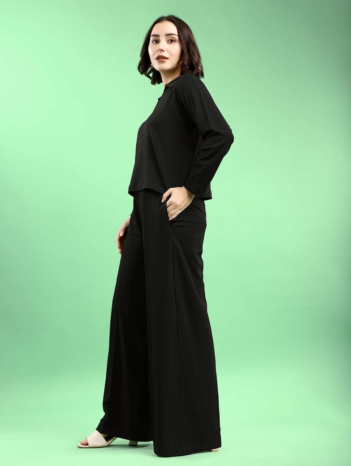women solid long sleeves t-shirt and trouser set - 22553741 -  Standard Image - 3