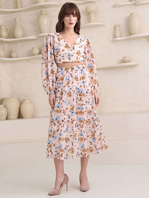 women printed long sleeves top and skirt co-ord set