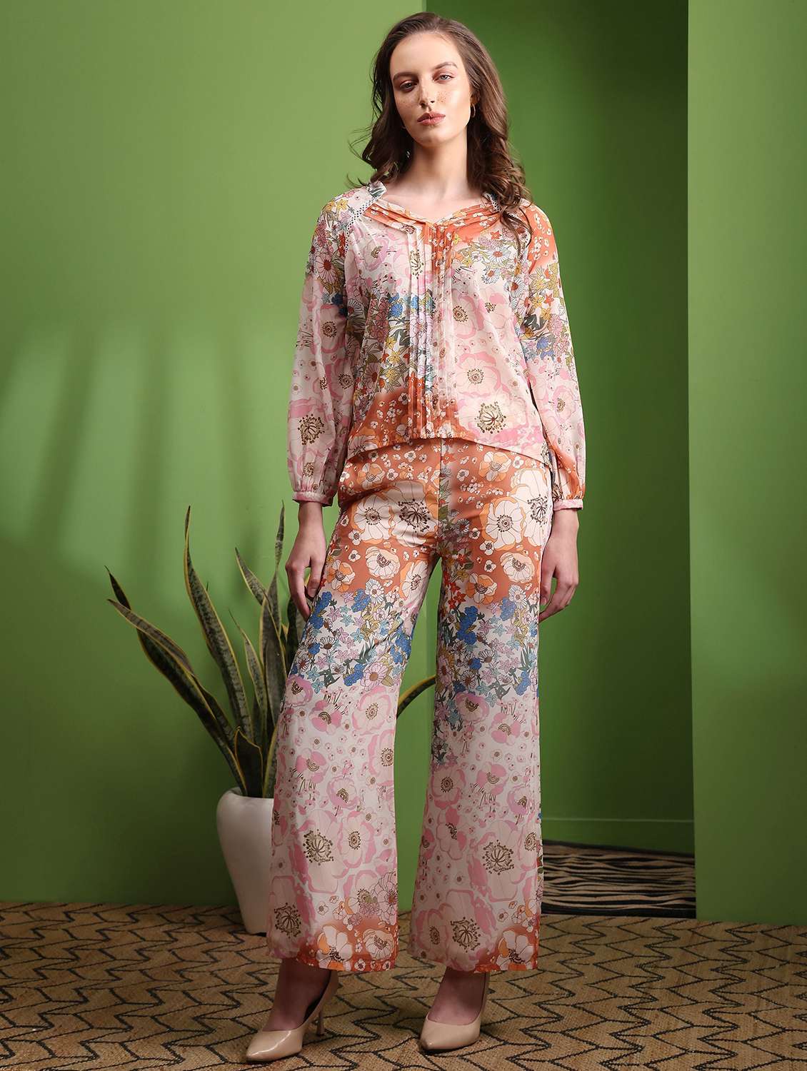 women printed long sleeves top and palazzo co-ord set