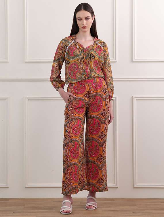 women printed three quarter sleeves top and palazzo co-ord set