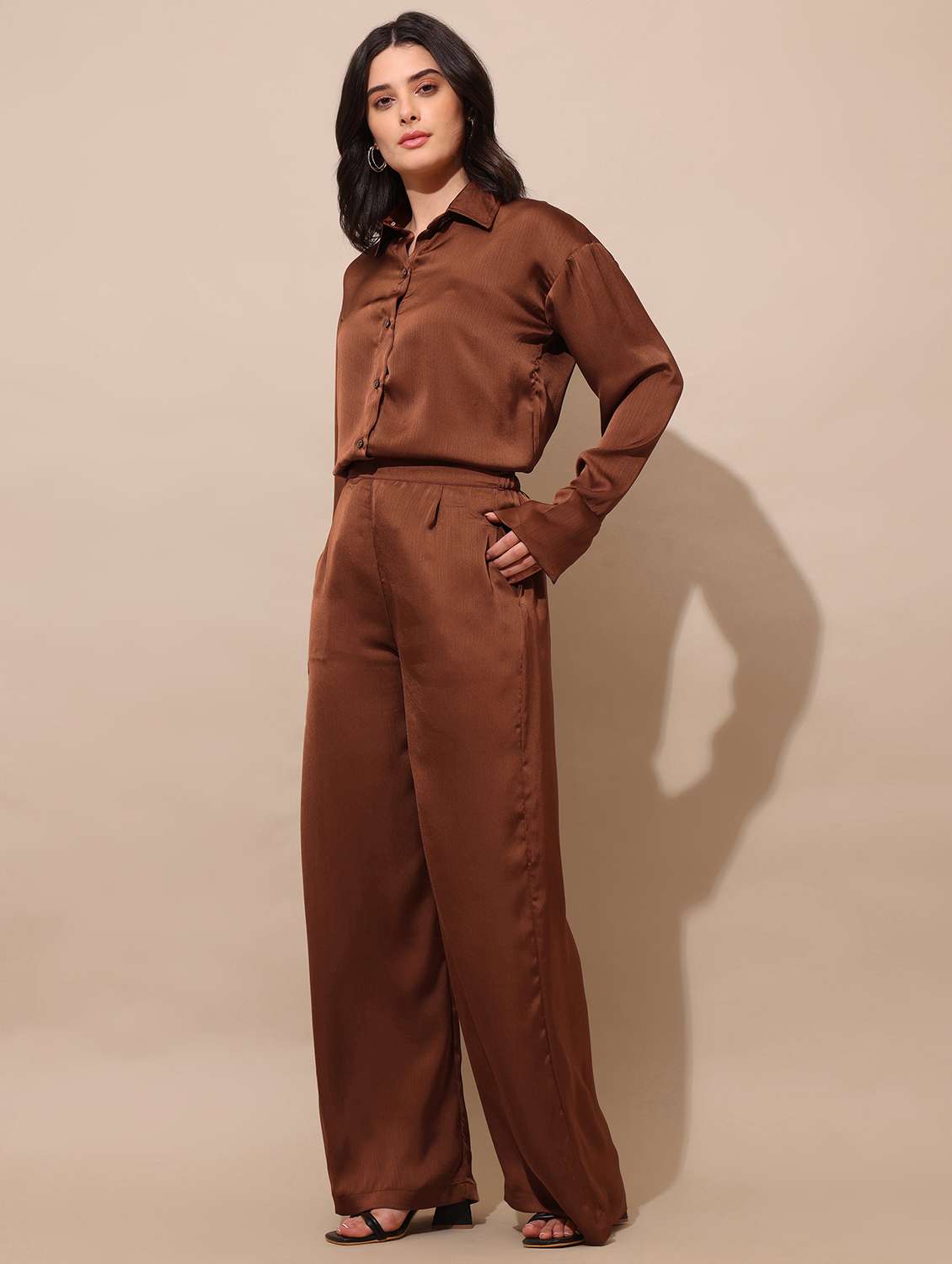 women solid long sleeves shirt and trouser co-ord set - 22553755 -  Standard Image - 3