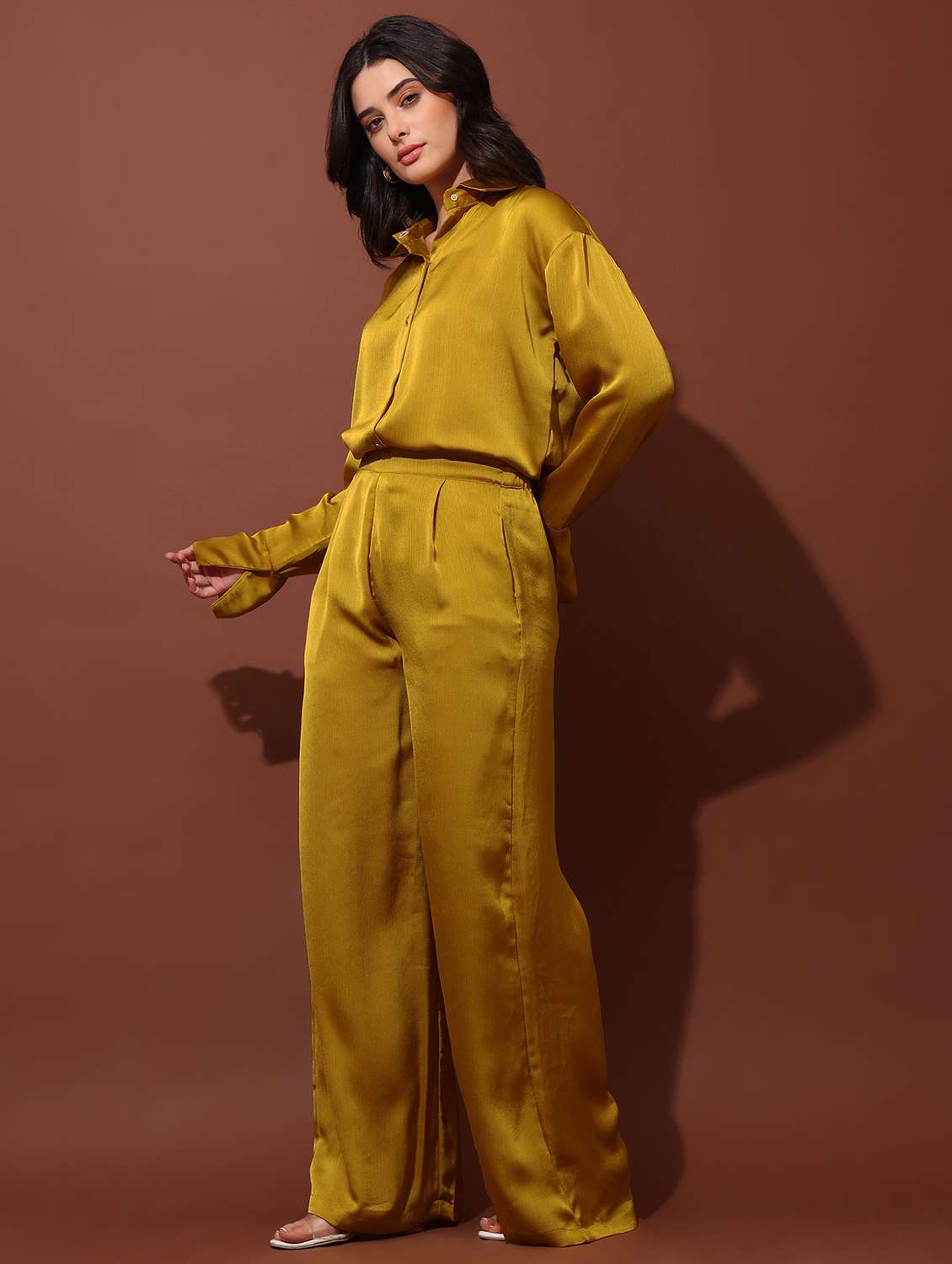 women solid long sleeves shirt and trouser co-ord set - 22553756 -  Standard Image - 3