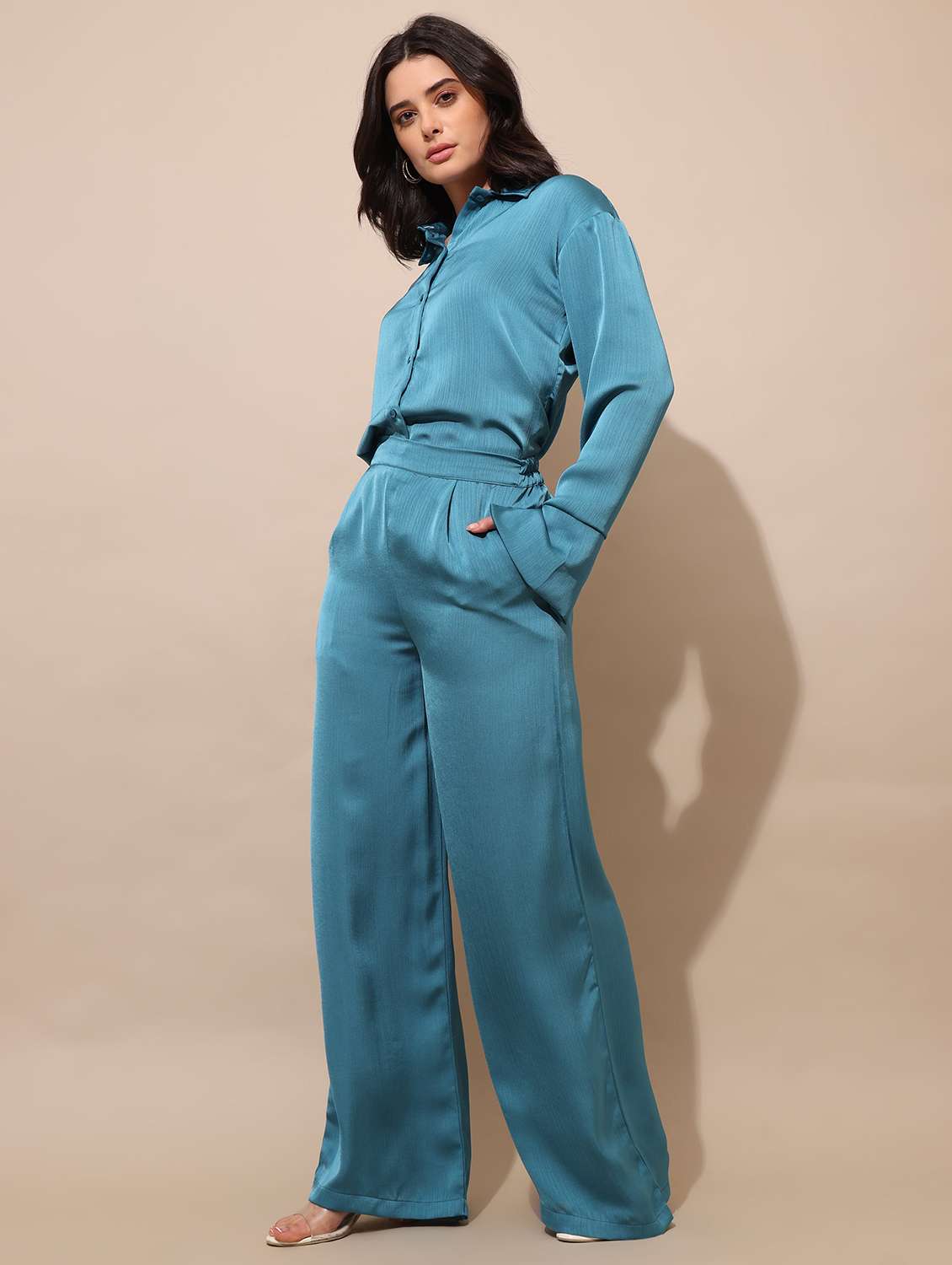 Women Solid Long Sleeves Shirt And Trouser Co-ord Set - 22553758 -  Standard Image - 3