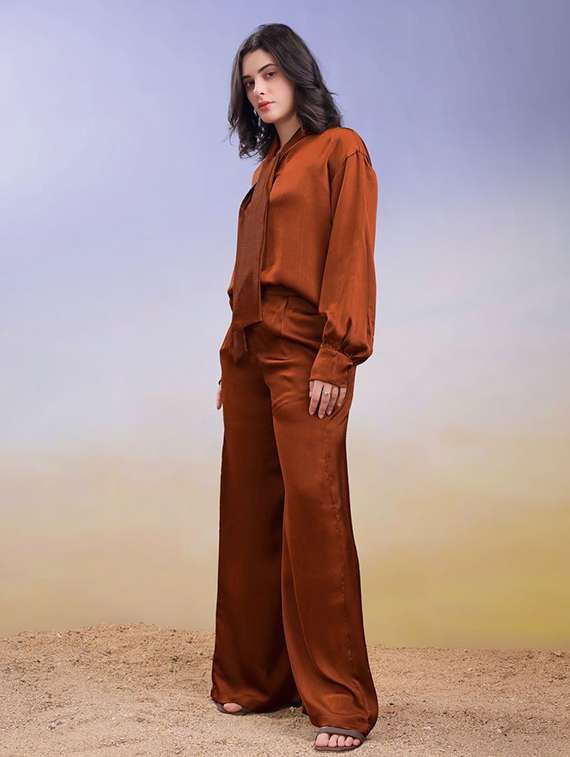 women solid long sleeves top and trouser co-ord set - 22553760 -  Standard Image - 3