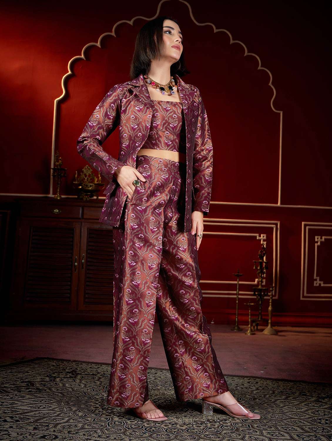 women self design long sleeves top and trouser set with jacket - 22553770 -  Standard Image - 3