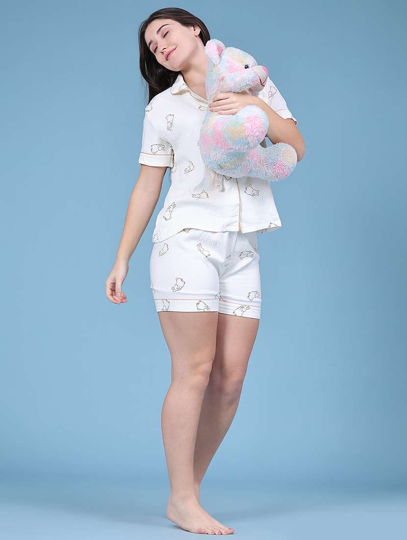 Women Printed Short Sleeves Shirt And Shorts Nightwear Set - 22553852 -  Standard Image - 3