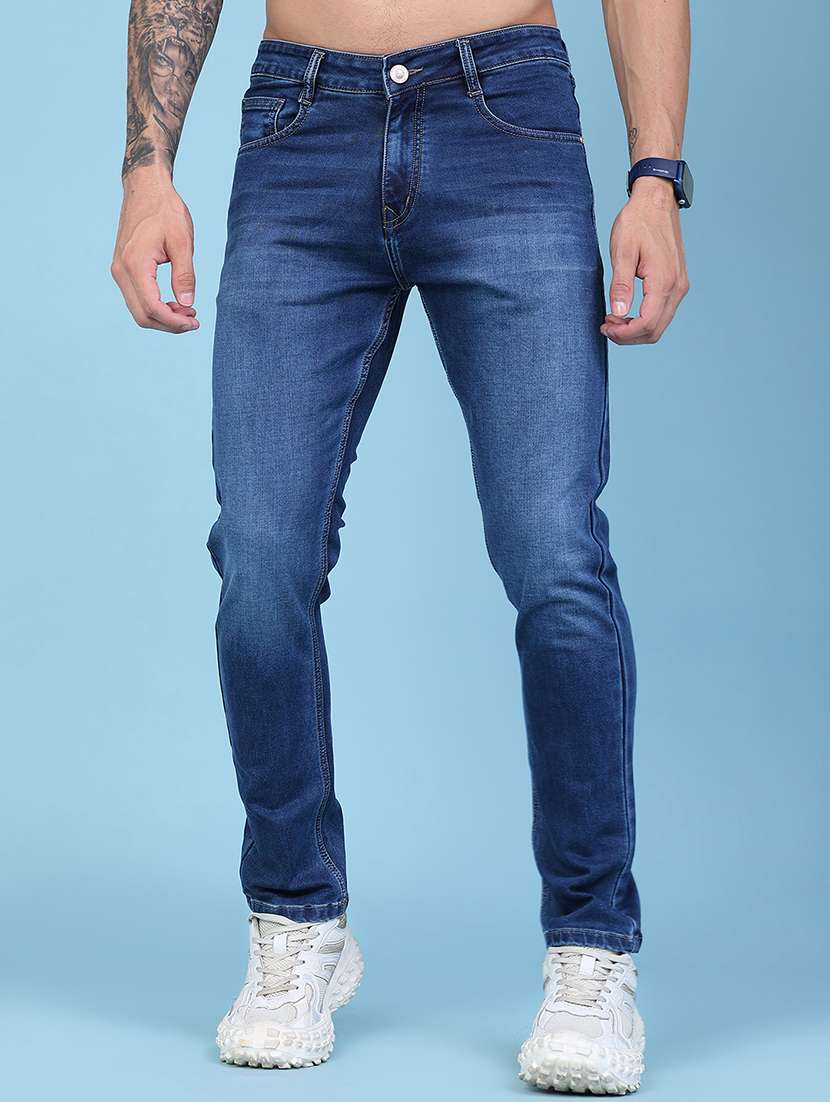 men washed mid rise full length slim fit jeans