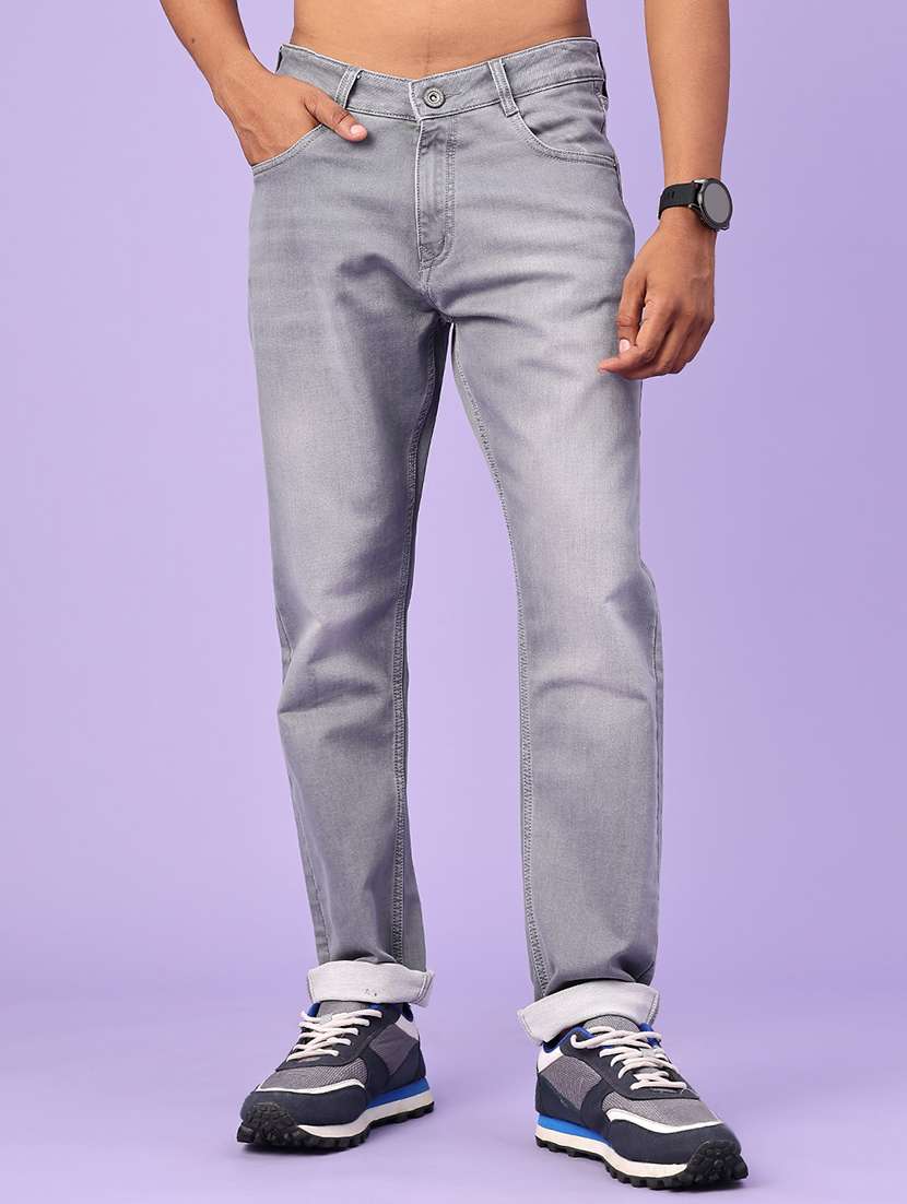 men washed mid rise full length tapered jeans