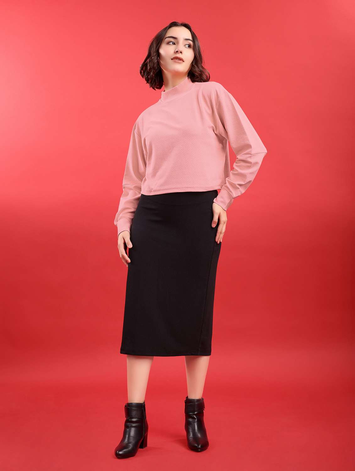 women solid long sleeves top and skirt co-ord set