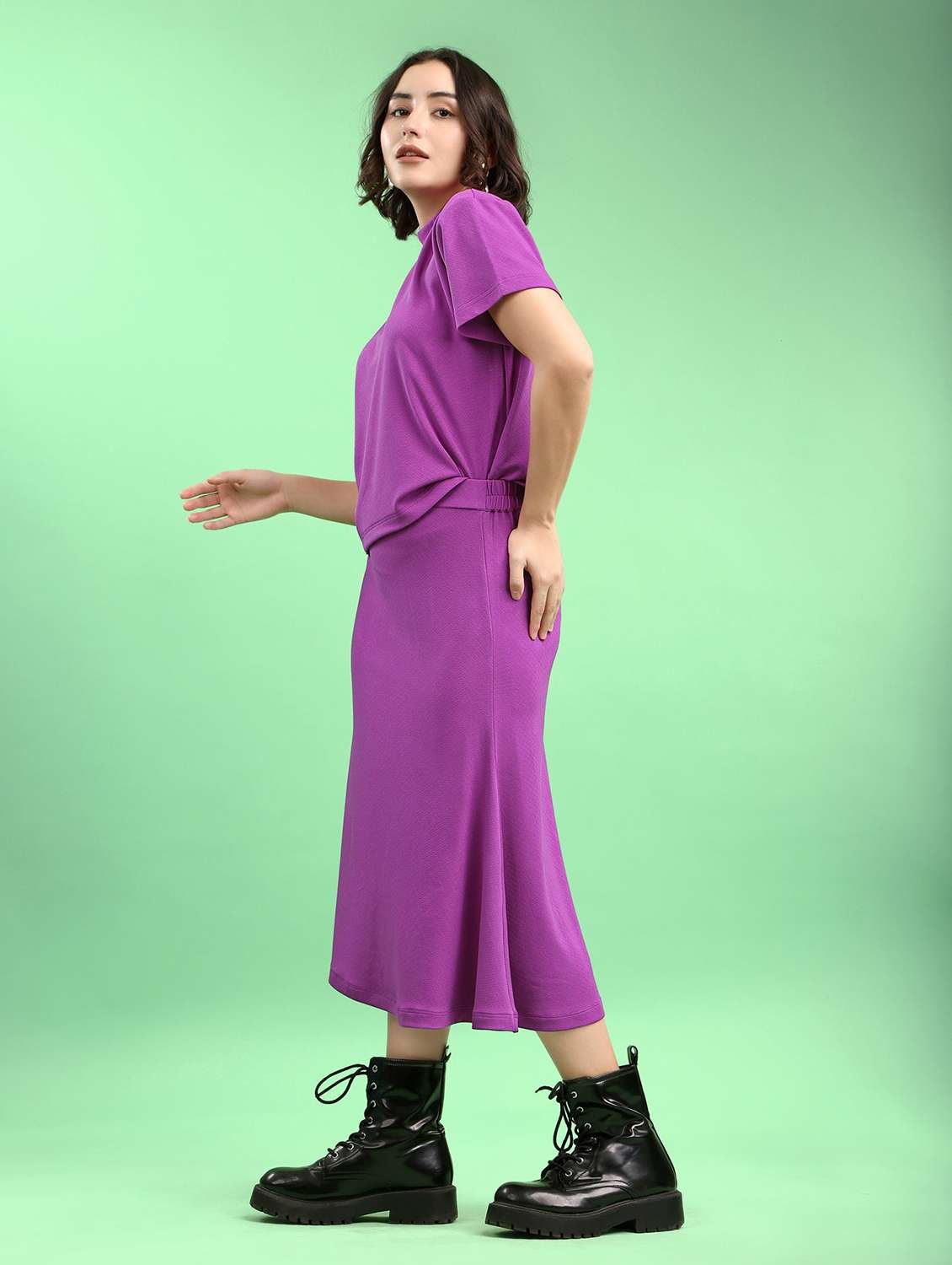 women solid short sleeves top and skirt co-ord set - 22554081 -  Standard Image - 3