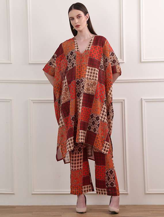 women printed kimono sleeves top and trouser co-ord set