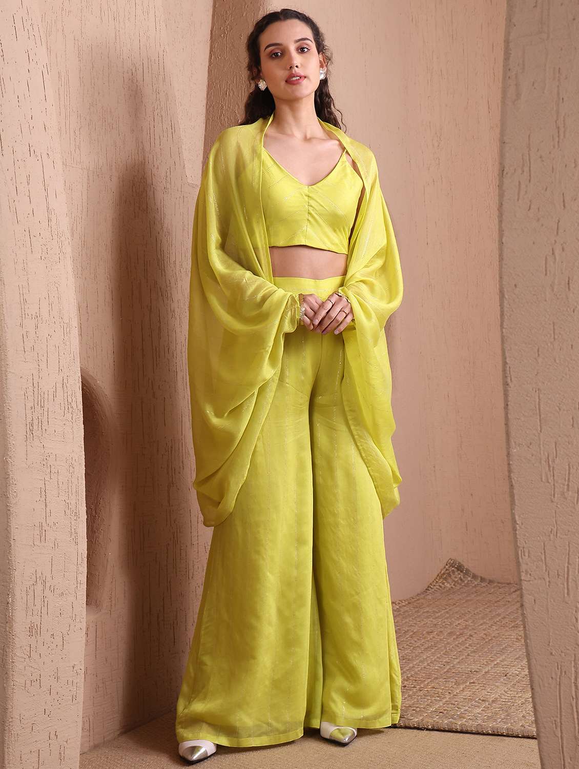 women embroidered top and palazzo with jacket fusion set