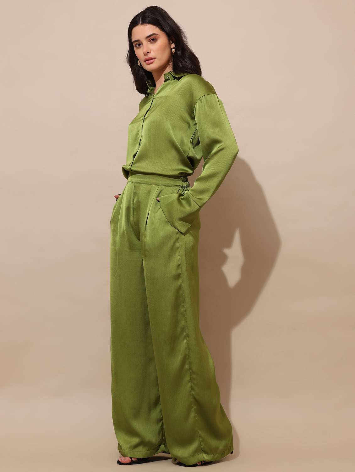 women solid long sleeves shirt  and trouser co-ord set - 22554102 -  Standard Image - 3