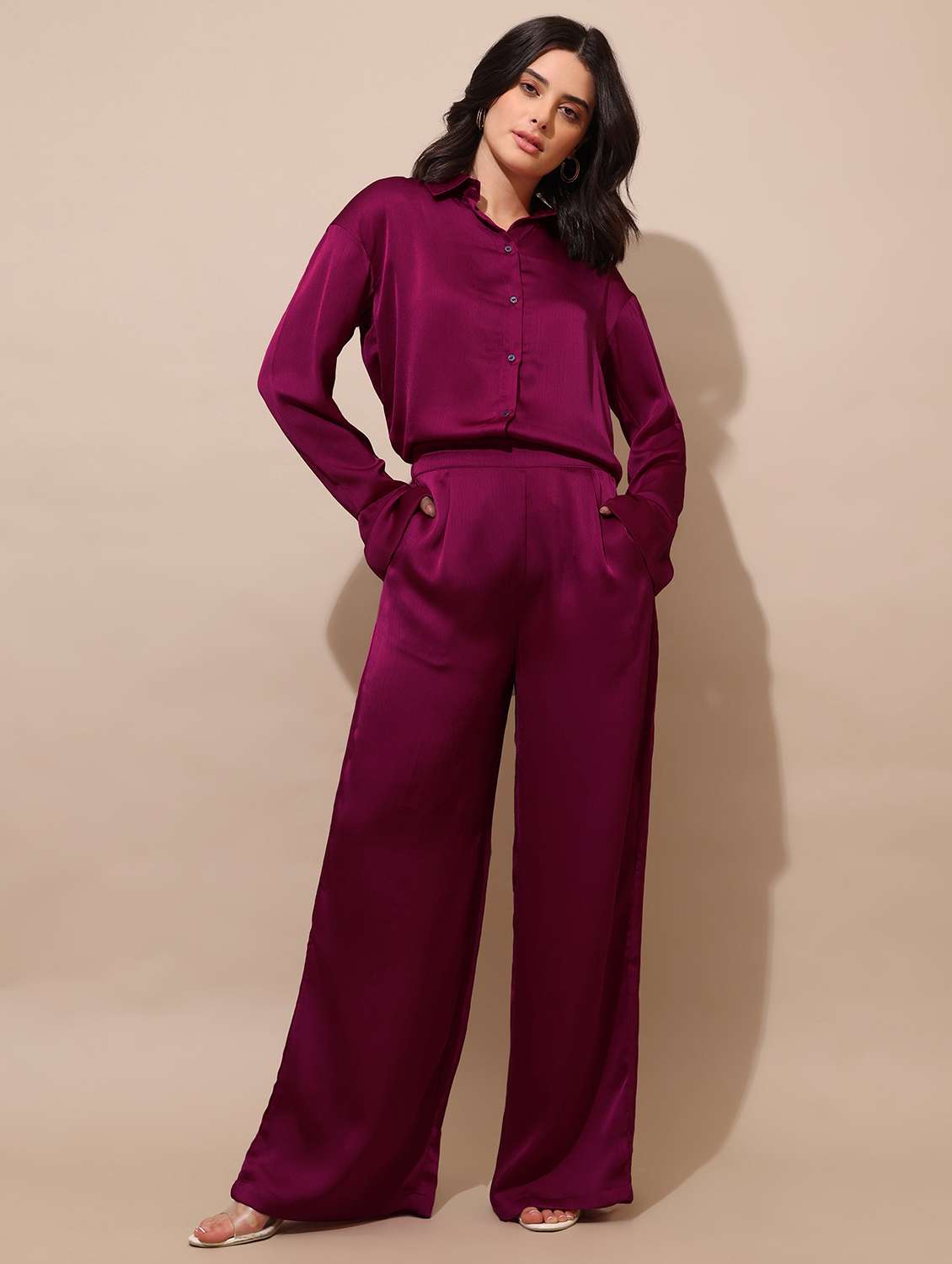 women solid long sleeves shirt and trouser co-ord set