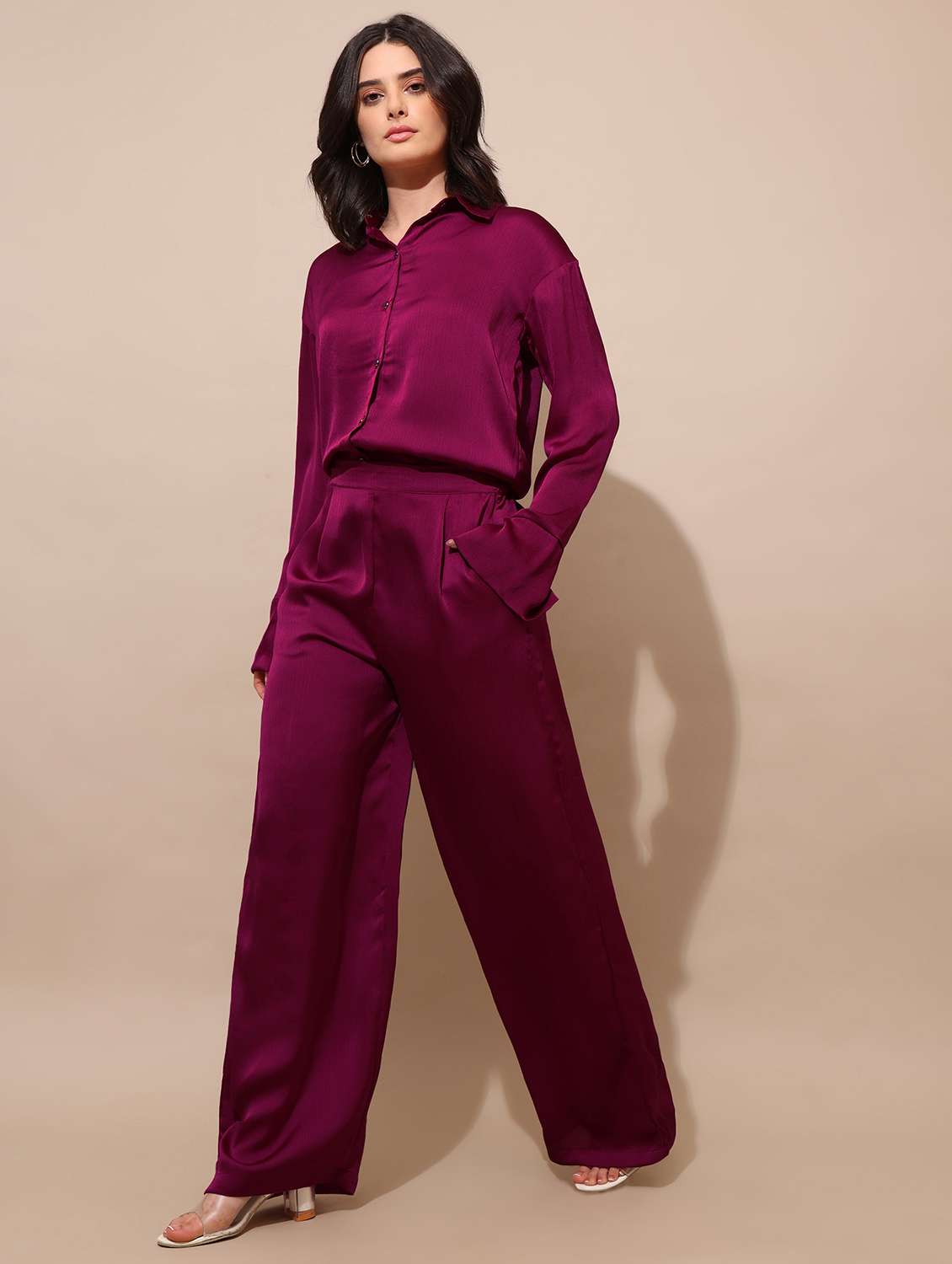 women solid long sleeves shirt and trouser co-ord set - 22554103 -  Standard Image - 3