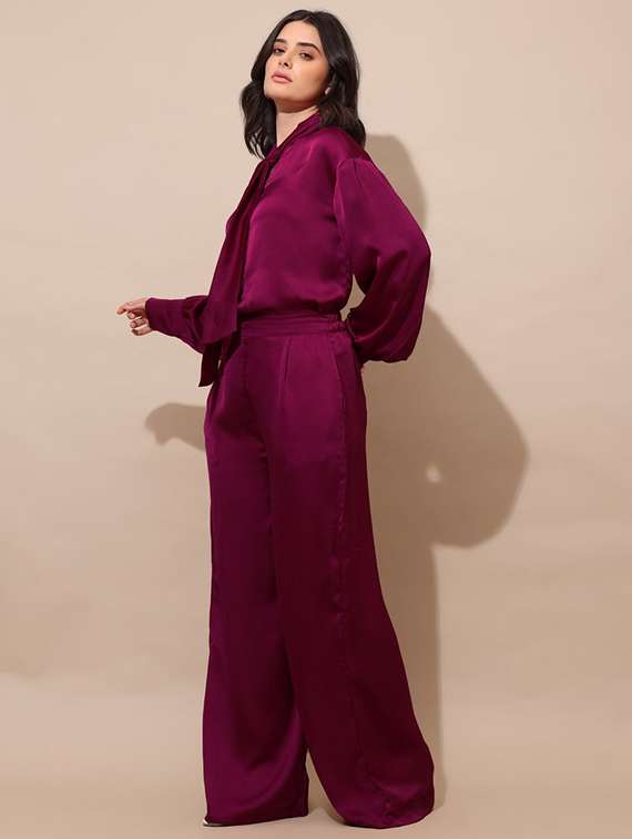 women solid long sleeves top and trouser co-ord set - 22554105 -  Standard Image - 3