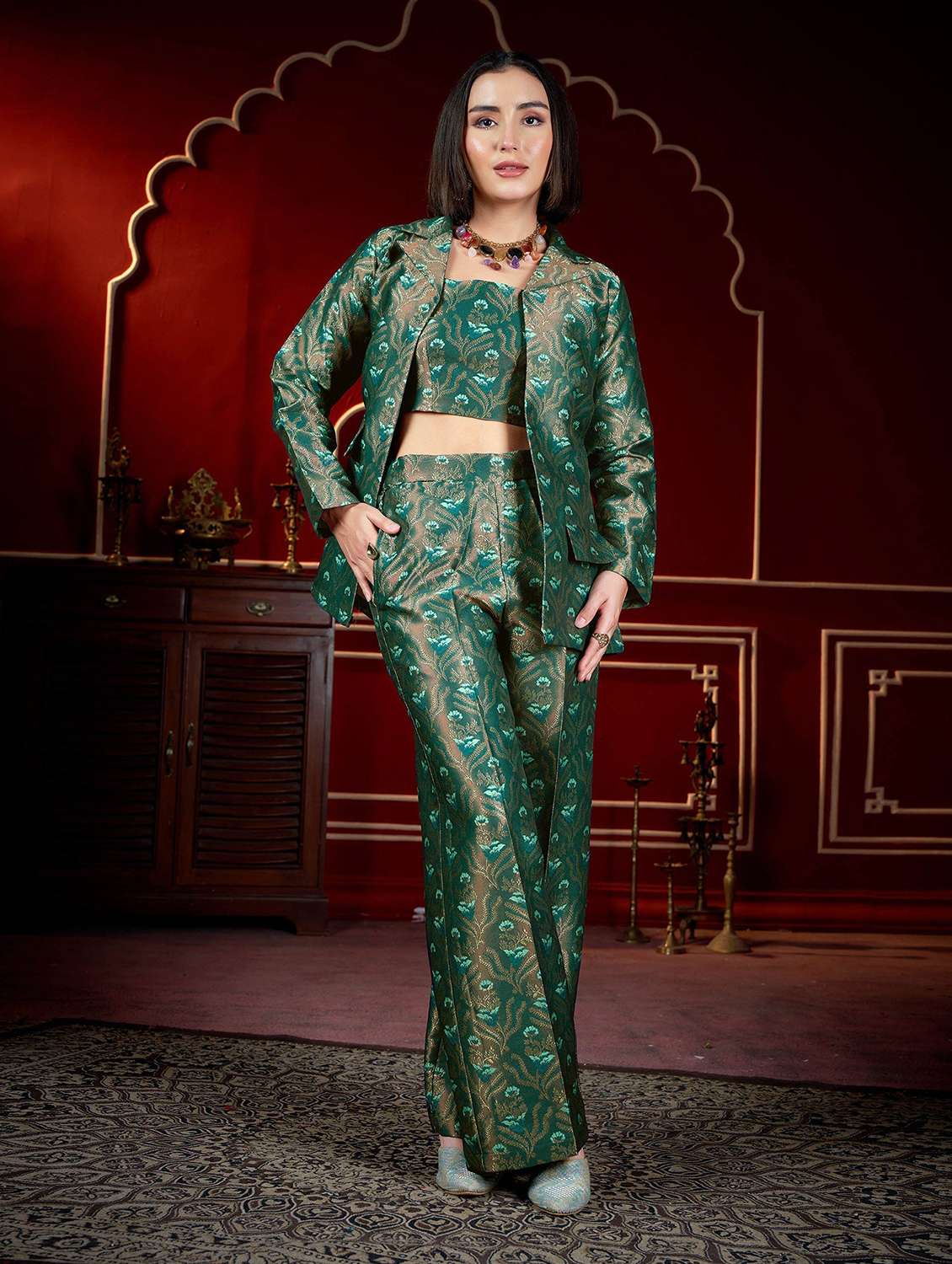 women self design long sleeves top and trouser co-ord set