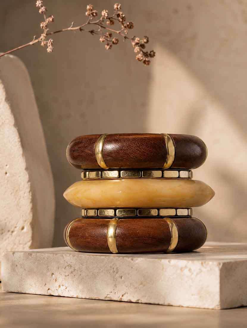 set of 5 wood metal & resin bangles for women