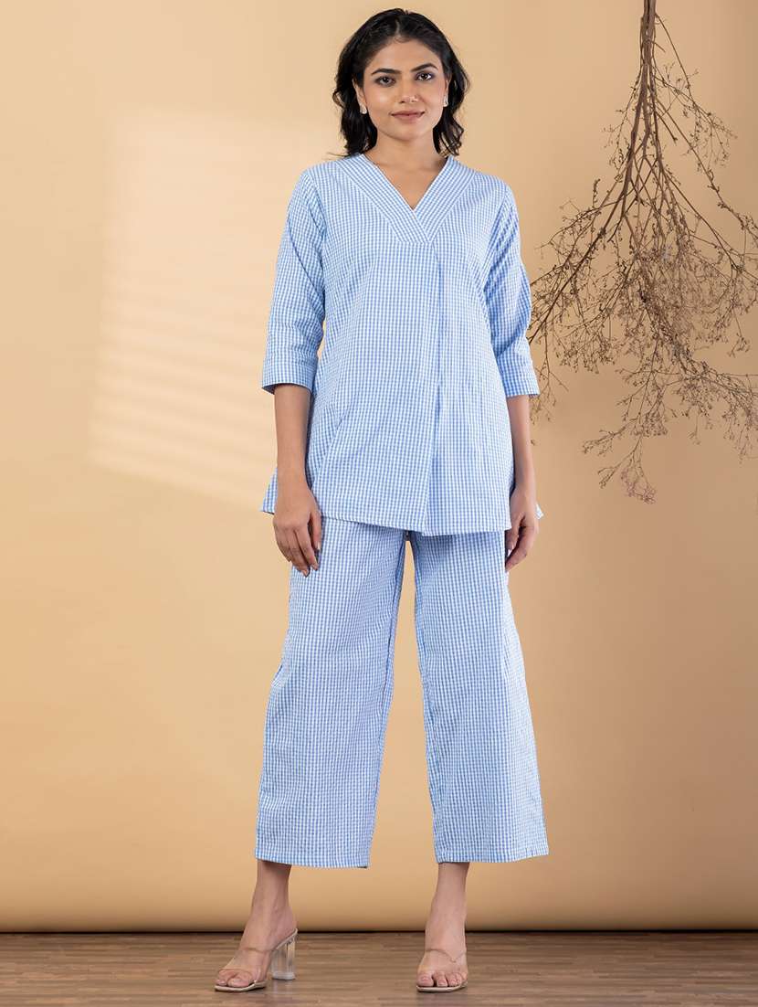 women checkered three quarter sleeve ethnic co-ord set