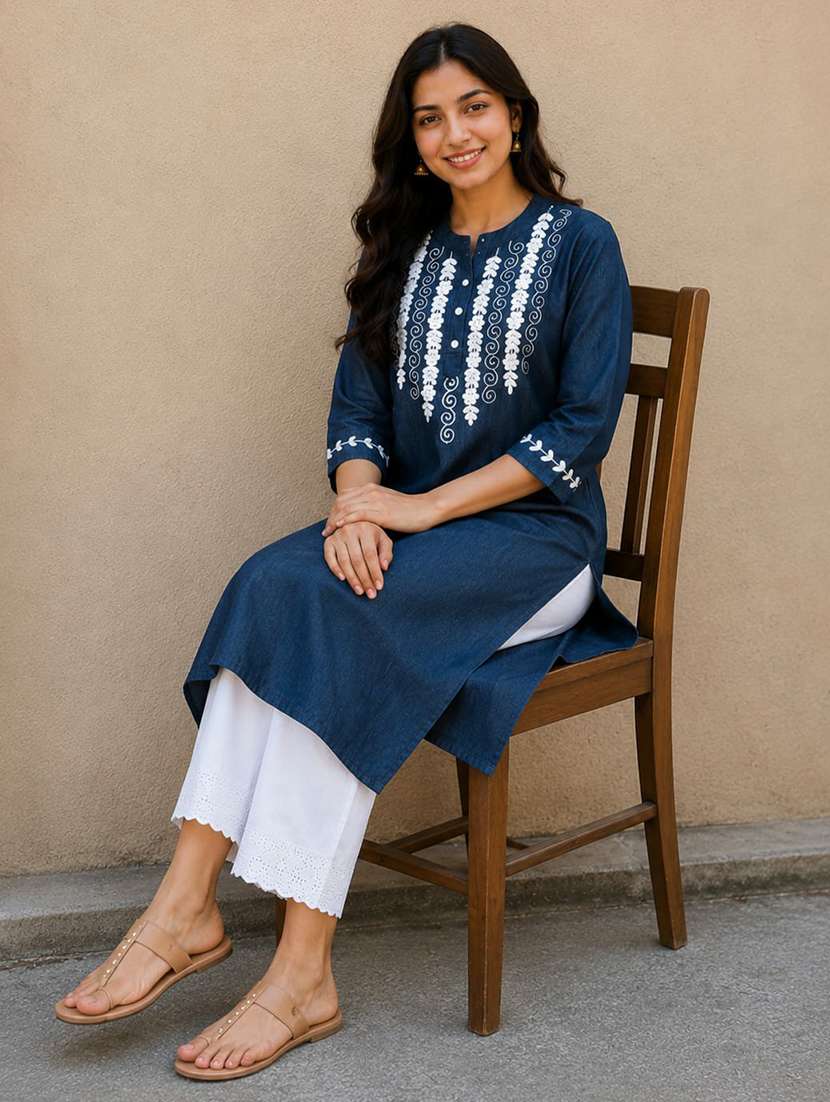 women embroidered three quarter sleeve straight kurta