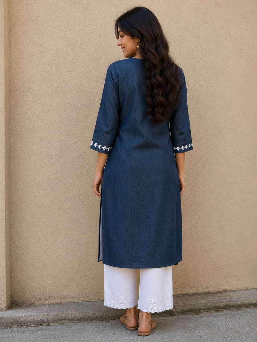 women embroidered three quarter sleeve straight kurta - 22554854 -  Standard Image - 3