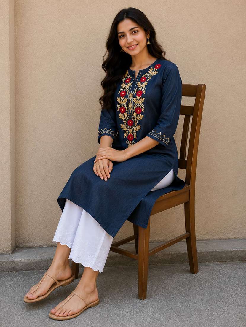 women embroidered three quarter sleeve straight kurta