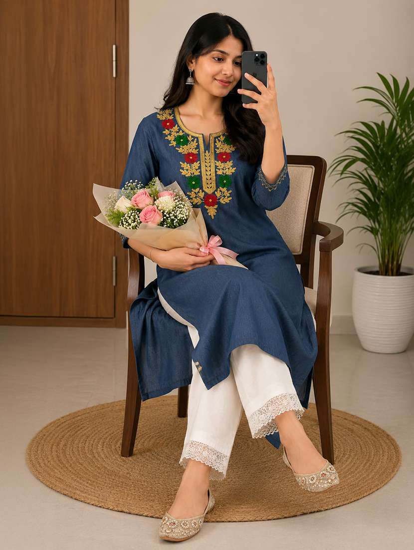 women embroidered three quarter sleeve straight kurta