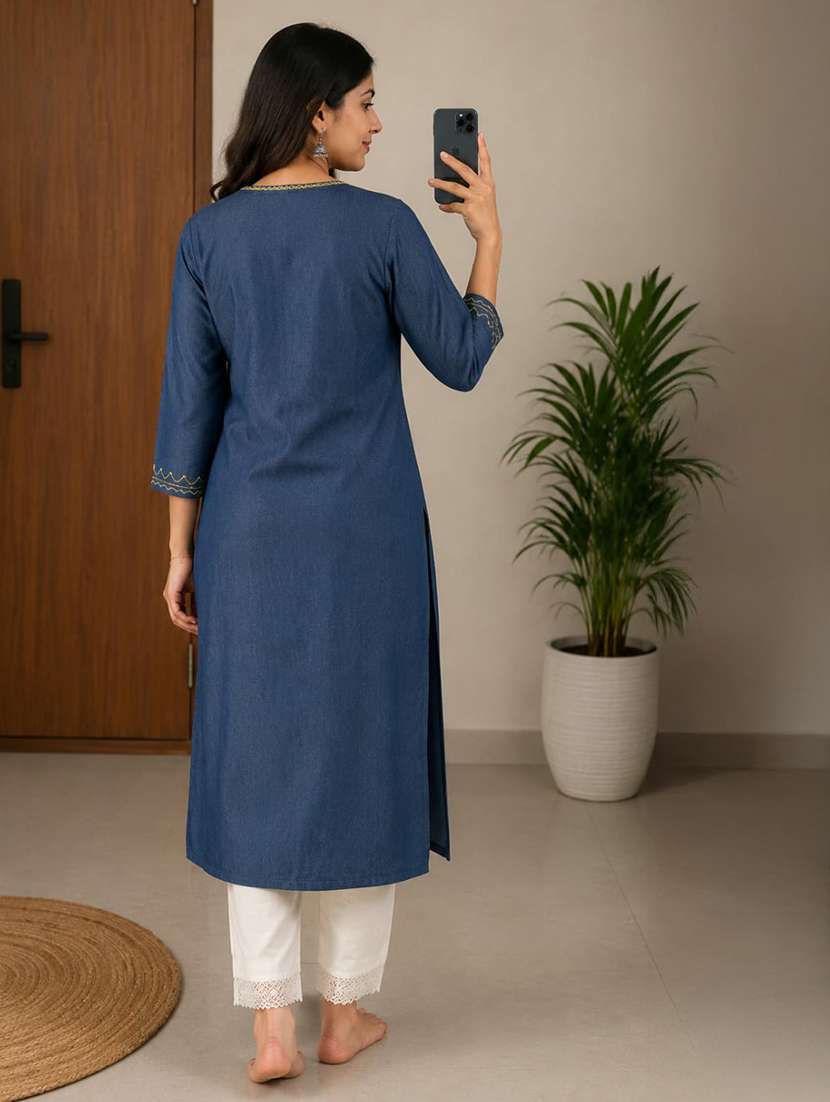 women embroidered three quarter sleeve straight kurta - 22554856 -  Standard Image - 3