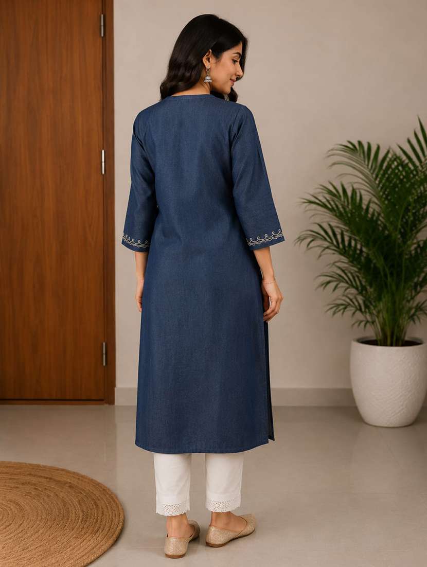 women embroidered three quarter sleeve straight kurta - 22554857 -  Standard Image - 3