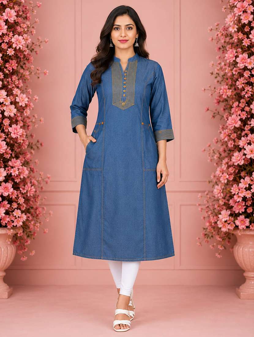 women embroidered three quarter sleeve a-line kurta
