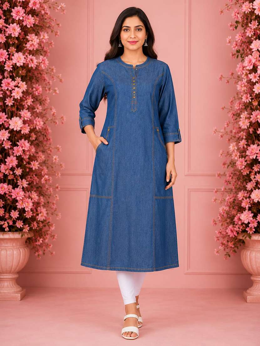 women solid three quarter sleeve a-line kurta