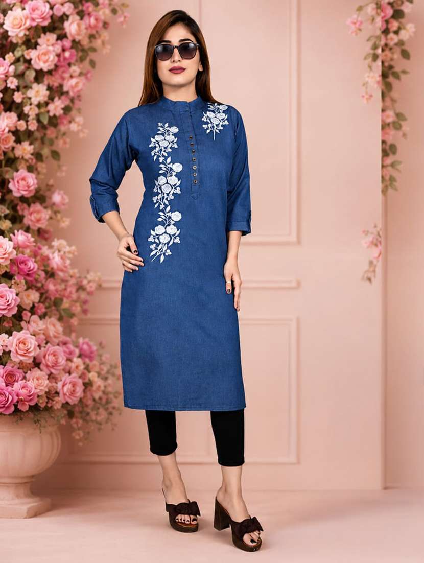 women embroidered three quarter sleeve straight kurta
