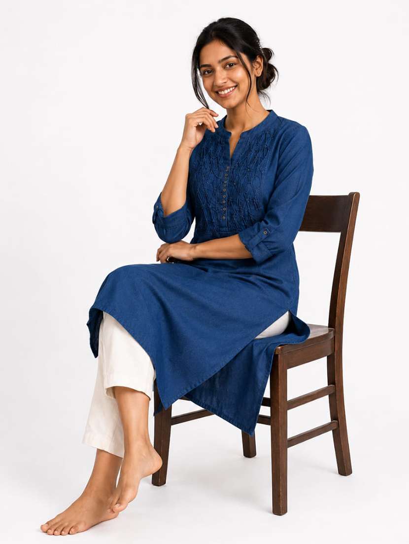 women embroidered three quarter sleeve straight kurta