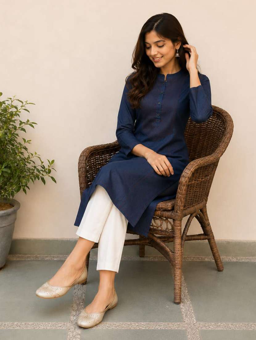 women embroidered three quarter sleeve straight kurta