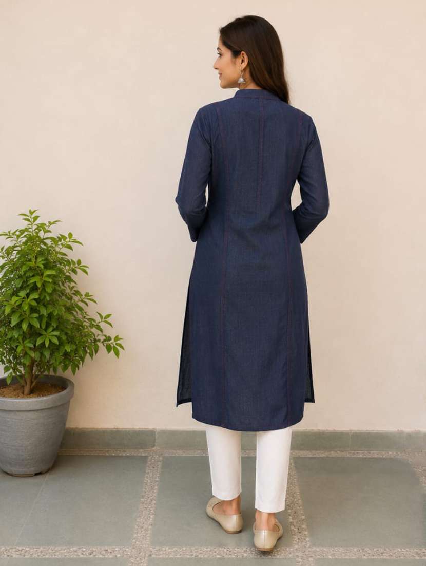women embroidered three quarter sleeve straight kurta - 22554864 -  Standard Image - 3