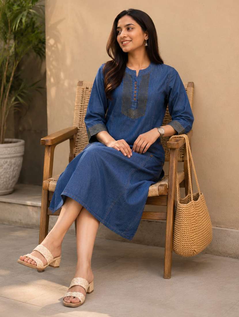 women embroidered three quarter sleeve a-line ethnic dress
