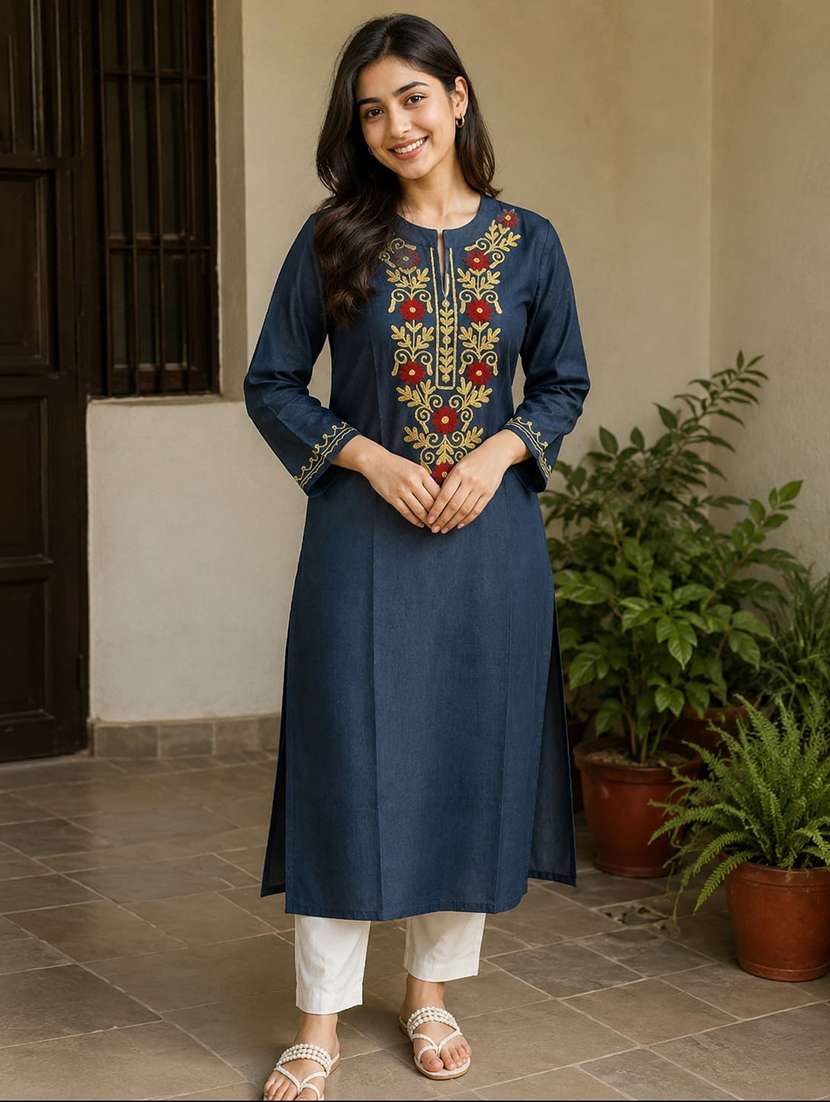 women embroidered three quarter sleeve straight kurta