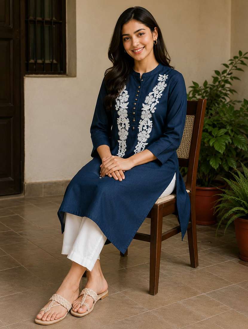 women embroidered three quarter sleeve straight kurta