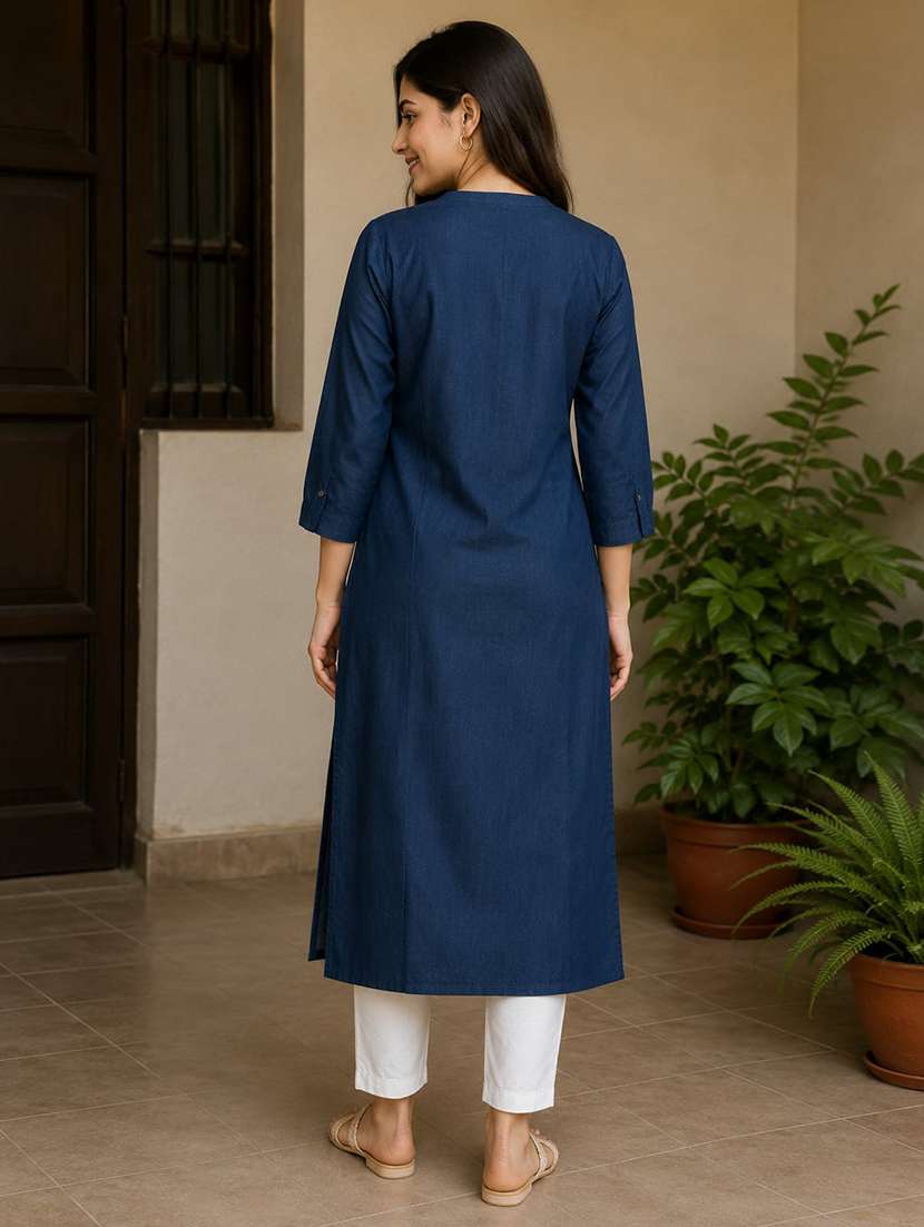 women embroidered three quarter sleeve straight kurta - 22554867 -  Standard Image - 3