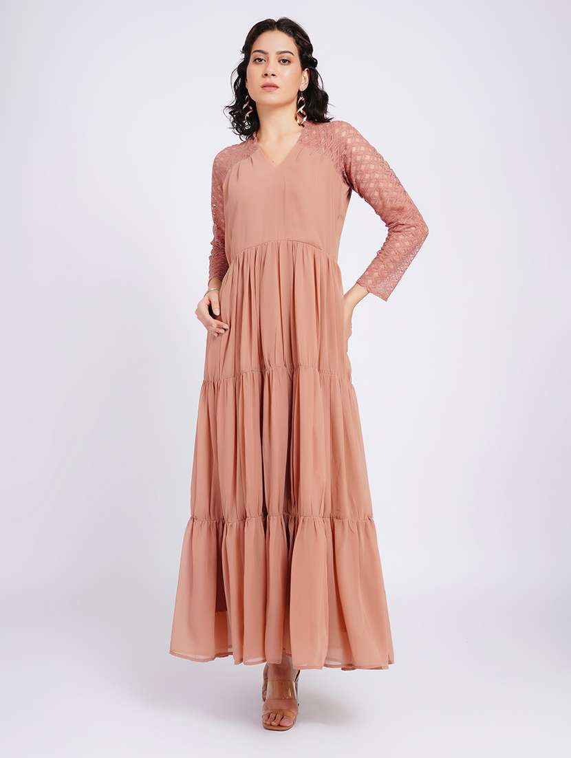women self design long sleeves tiered dress
