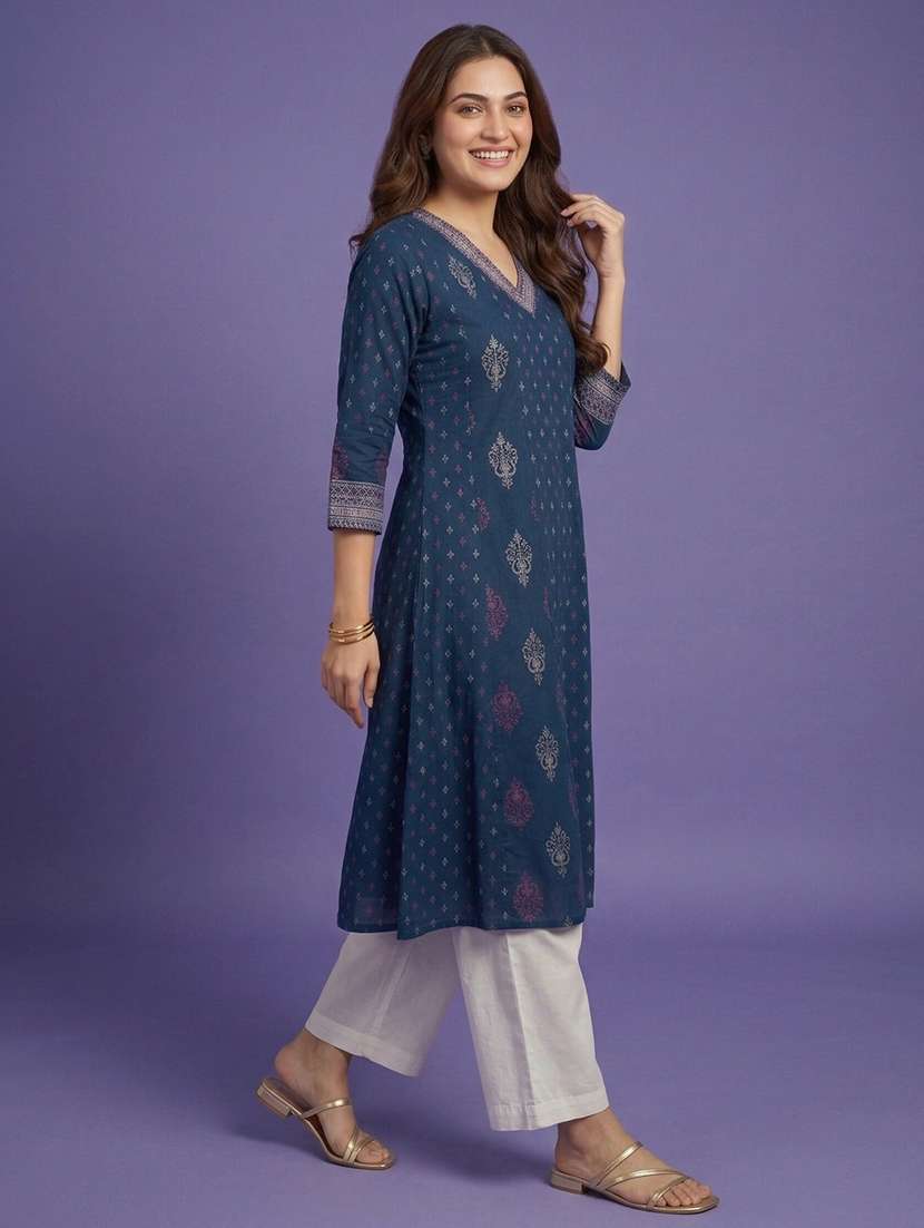 women printed three quarter sleeve a-line kurta - 22555036 -  Standard Image - 3