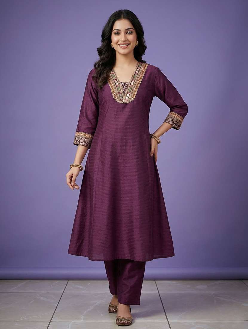 women embroidered three quarter sleeve a-line kurta