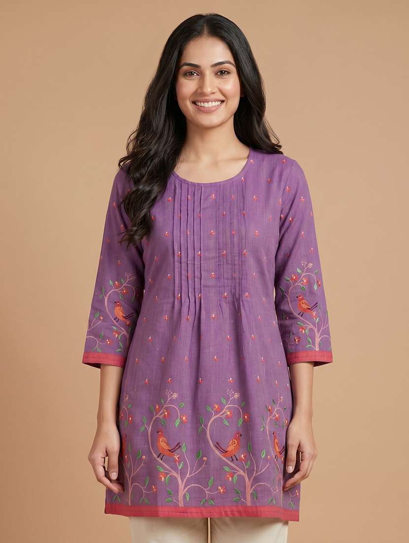 women embroidered three quarter sleeve a-line kurti