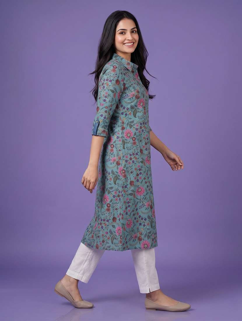 women printed three quarter sleeve a-line kurta - 22555045 -  Standard Image - 5