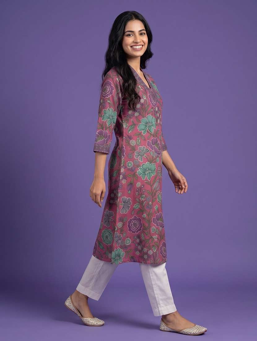 Women Printed Three Quarter Sleeve A-line Kurta - 22555046 -  Standard Image - 3