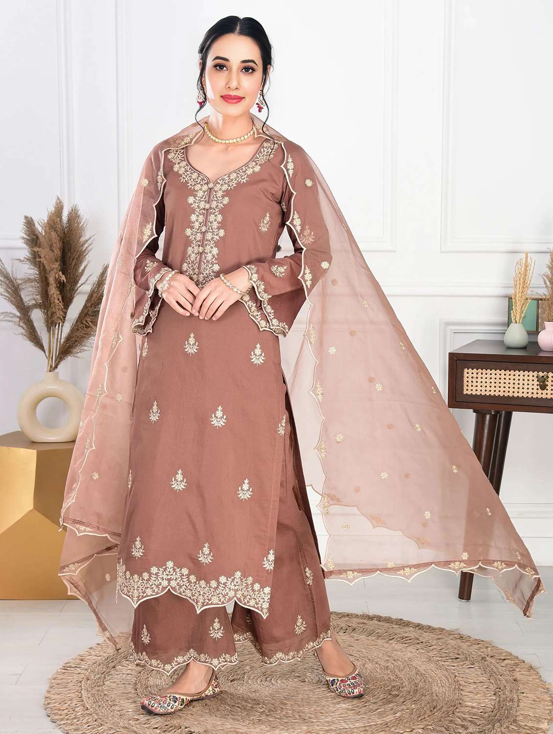 women embroidered long sleeve kurta palazzo with dupatta set